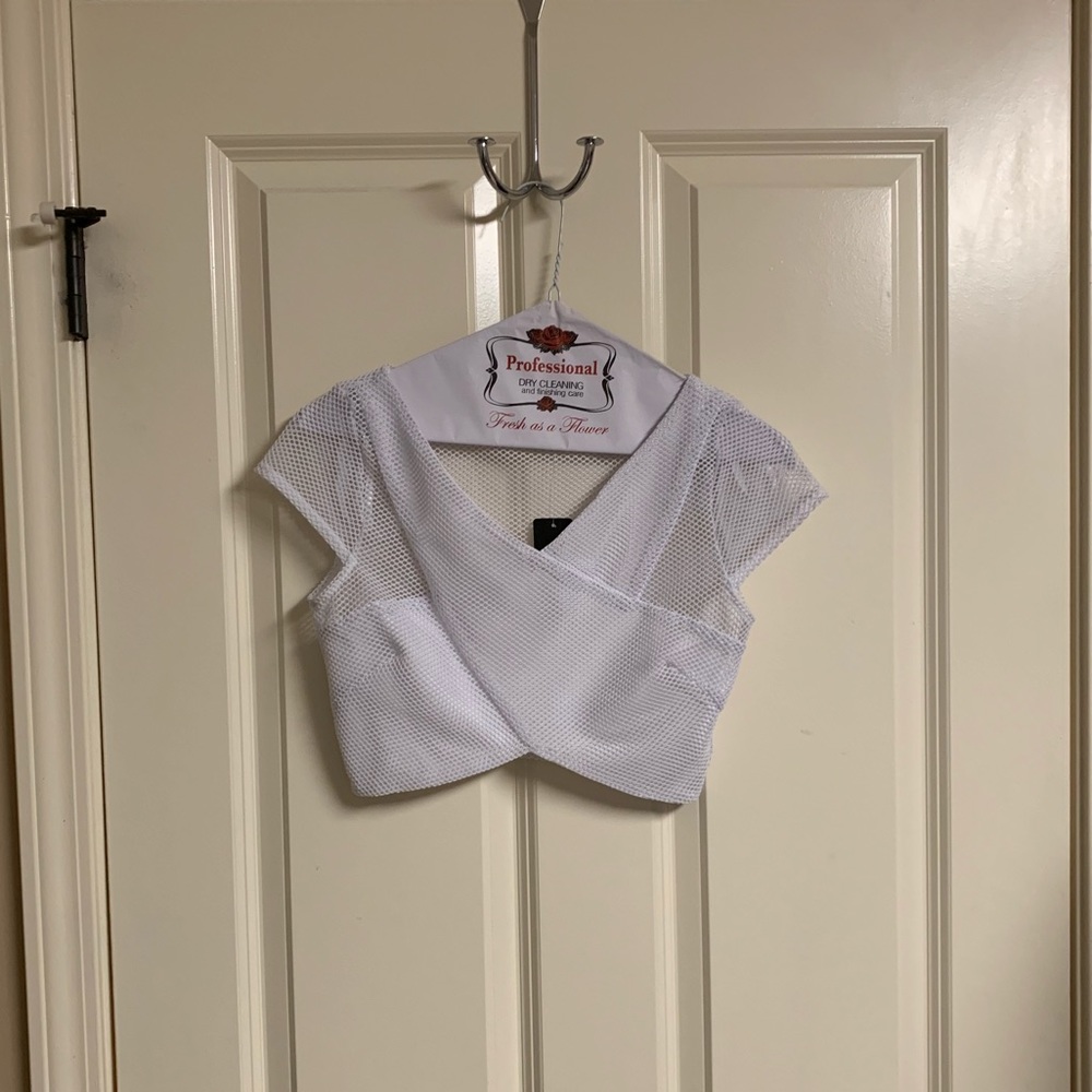 Bebe Mesh Overlay White Crop Top